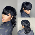 Three-panel collage showing a woman modeling a black wavy wig with a side-swept bang and half-up style. The top panel shows a three-quarter face view, the middle panel shows a side profile, and the bottom-right panel shows the back view of the wig, Obroi