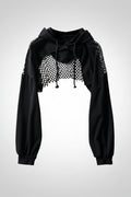Women's Hollow Out Mesh Splice Hoodie Loose Outerwear Chic Sheer Sweatshirt Top