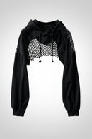 Women's Hollow Out Mesh Splice Hoodie Loose Outerwear Chic Sheer Sweatshirt Top