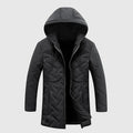 Black quilted jacket with a hood on a light gray background, Obroi