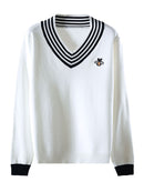 Style Spring Autumn Women Bee Embroidery Sweater Elegant V-neck Knitted Loose Striped Long Sleeve Pullover