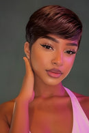 Woman with a stylish haircut against a neutral background, Obroi