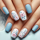 24Pcs Nails Cozy Garden Blooming Flower Leaf Nail Short Square Press on Nails Summer