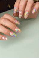 24pcs Cute Colorful False Nail Tips for Girl Rainbow Almond Fake Nails Full Cover Reusable Adhesive Nail