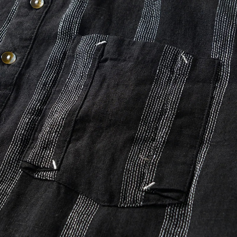 Linen Men Short Sleeve Shirt Chest Pocket Striped Stand Collar Shirts Casual Summer Comfortable Tops Shirt Man