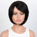 Mannequin head with a black wig on a white background, Obroi