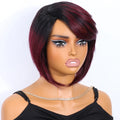Mannequin head with a burgundy and black wig on a white background, Obroi