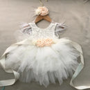 Elegant Princess Flower Girl Lace Tulle Dress with Feather Detail Belt Headband for Ages 3m to 6y Birthday Wedding Costume