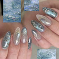 24Pcs Light Blue Gradient Almond Nails French Handmade Flowers Starfish Stick on Nails Summer for Vacation