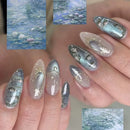 24Pcs Light Blue Gradient Almond Nails French Handmade Flowers Starfish Stick on Nails Summer for Vacation