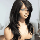20 Inch Layered Yaki Straight Human Hair Wig with Bangs Glueless 7x5 Lace Closure Wig
