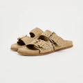 Beige sandals with gold buckles on a light gray background, Obroi