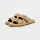 Beige sandals with gold buckles on a light gray background, Obroi