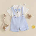 Baby Boy Gentleman Outfit Solid Color Short Sleeve Lapel Neck Romper with Stripe Suspender Shorts and Bowtie