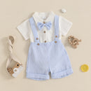 Baby Boy Gentleman Outfit Solid Color Short Sleeve Lapel Neck Romper with Stripe Suspender Shorts and Bowtie