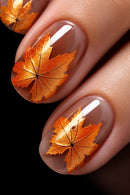 Fall Press on Nails Short Square Maple Leaf Nails Glossy Acrylic Nails Autumn Leaves Stick on Fingernails 24Pcs