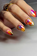 Hand with colorful nail art and a gold ring on a neutral background, Obroi