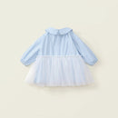 Girls Blue Collar Dress Spring Children Edition Striped Splicing Mesh Skirt