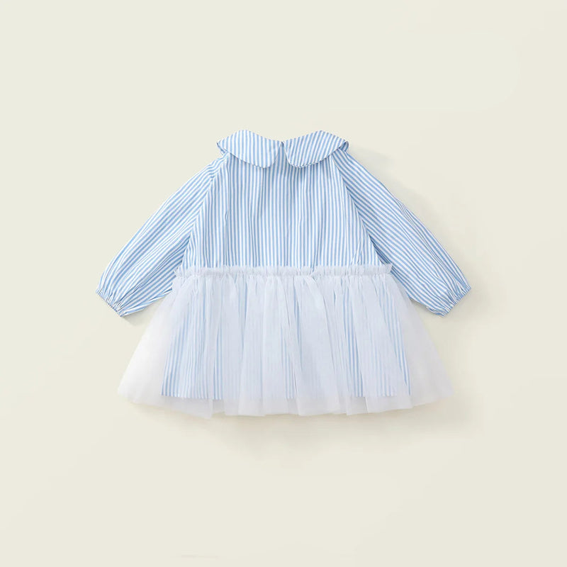 Girls Blue Collar Dress Spring Children Edition Striped Splicing Mesh Skirt