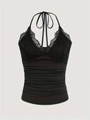 Women's Tank Top With Ruffled Halter Neckline Dull Black Knitted Fabric From For Spring