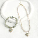 Minimalist Women's Jewelry 4mm Natural Stone Beaded Short Necklace Heart Pendant 8mm Stretch Bracelet