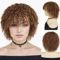 Brown curly wig shown on a mannequin and a person with a white background, Obroi