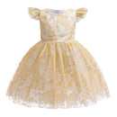 A toddler girl's formal party dress featuring a white base with a shimmering gold floral lace overlay. The dress has short flutter sleeves, a fitted bodice, and a voluminous tulle skirt, Obroi