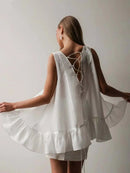 White Cotton Women's Blouse Summer Blouses Elegant Ruffled Loose Open Back Blouses