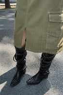 Autumn Belt buckle Knee high boots Pointed toe rivet pull-on heels Pleated Motorcycle boots
