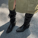 Autumn Belt buckle Knee high boots Pointed toe rivet pull-on heels Pleated Motorcycle boots