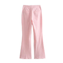 Women Vintage High Waist Flared Full Length Pink Pants Office Trousers