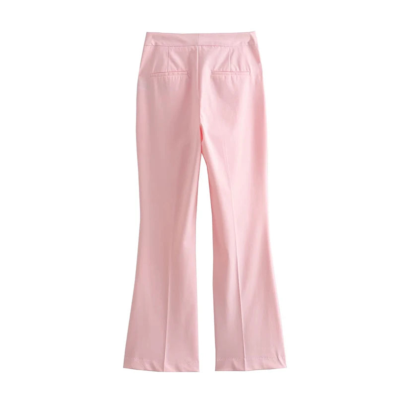 Women Vintage High Waist Flared Full Length Pink Pants Office Trousers