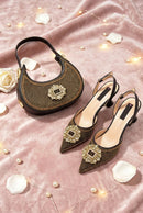 Italian Inspired Rhinestone HAND CRAFTED UPPER Pointed Toe Women High Heels Shoes and Bag Set