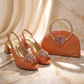 Dark Blue Platform Slingback Heels with Handbag Set Shiny Crystal Embellished Ladies Shoes Bag