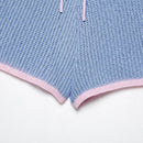 Women With Pocket Blue Lace Up Knitted Mini Shorts Vintage High Elastic Waist Female Chic Lady Shorts