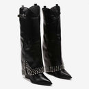 Black knee-high boots with studded details on a white background, Obroi