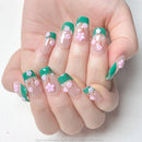 10Pcs Handmade Green Press on Nails Pink Cherry Blossom French Square Wearable Reusable Nails