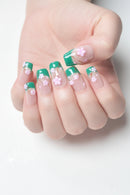 10Pcs Handmade Green Press on Nails Pink Cherry Blossom French Square Wearable Reusable Nails