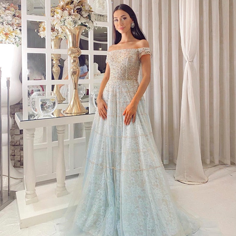 Luxury Dubai Mint Green Evening Dresses Elegant Off Shoulder Lilac Arabic Formal Dress for Women Wedding Party