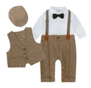 Baby boy's formal outfit with vest, pants, shirt, bow tie, and cap on a white background, Obroi