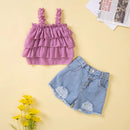 Summer Toddler Girls Clothes Mesh Baby Tops Denim Shorts Children Boutique Clothing