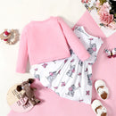 Baby Girl Clothing Set Pink Long-sleeve Cardigan with Cartoon Elephant and Butterfly Sleeveless Dress Set