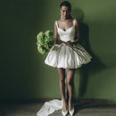 Elegant Two Wide Straps V-neck Short/Mini Satin Wedding Dresses Custom Made Bridal Grown