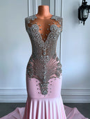 Pink Dresses Sheer Mesh Top Luxury Sparkly Silver Diamond Black Girls Pink Prom Formal Party Gowns