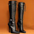 Heel Pointed Toe Lace Up Knee High Boot  Vegan Bondage Corsets Shoes