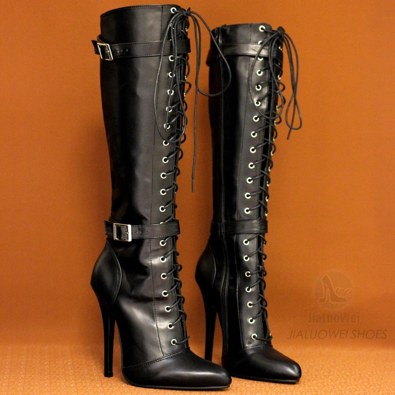 Heel Pointed Toe Lace Up Knee High Boot  Vegan Bondage Corsets Shoes