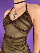 Goth Dark Mesh Irregular Vintage Gothic Midi Dresses Fairy Grunge Style Punk Ruched Halter Dress Women Sexy Backless Partywear