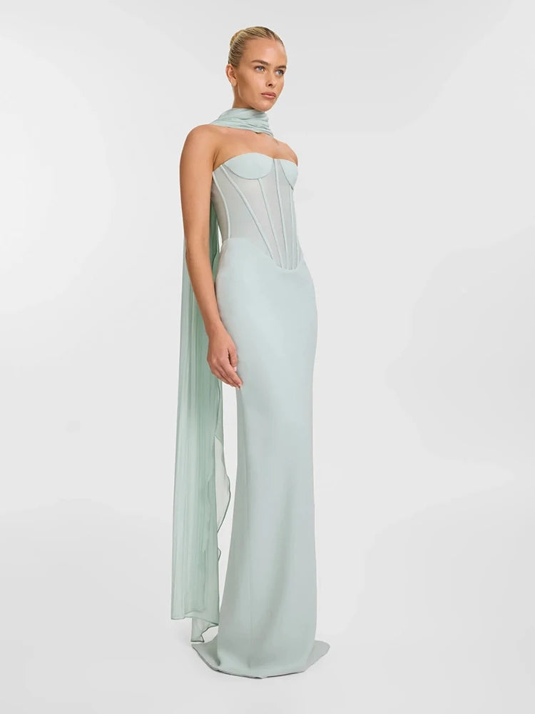 Enchanting Strapless Corset Mint Dress with Floaty Scarf for High-Profile Events Evening Gown