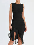 Elegant Ruffle Midi Dress For Women Robe Summer Backless Irregular Club Party Dress
