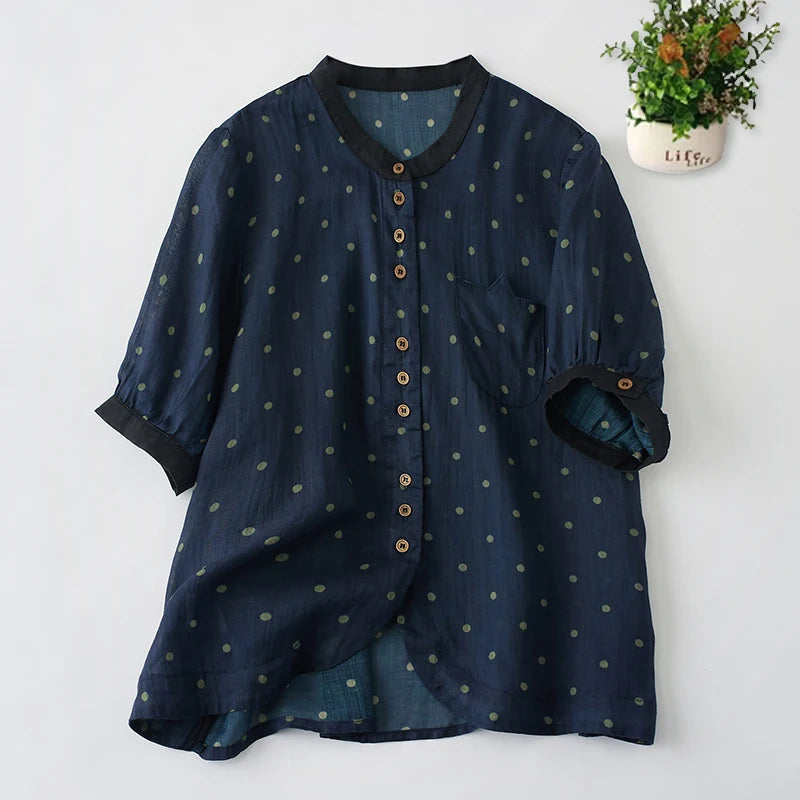 Spring Summer Dot Cotton Linen Blouse Shirt Button Elegant Office Ladies Women Casual Loose Tops